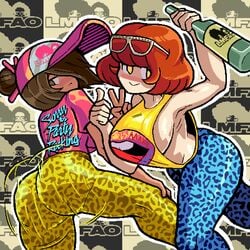 2girls alcohol ass big_ass big_breasts blush bouncing_ass braless breasts brown_hair bubble_butt claudia_(valmar) clothing erika_(valmar) female female_only glasses hair_over_one_eye hat leopard_print looking_at_viewer looking_back motion_lines no_bra orange_hair original pants sideboob sleeveless_shirt slut sluts smile text text_on_clothing thick_thighs thumbs_up twerking v_sign valmar wide_hips