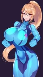 1girls big_breasts blonde_hair blue_bodysuit blue_eyes bodysuit breasts clothing female female_only hair huge_breasts large_breasts metroid nintendo ponytail samus_aran smile solo solo_female thick_thighs thighs tight_clothing volyz zero_suit_samus