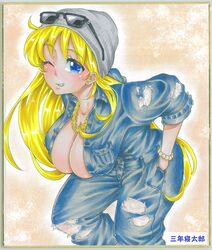 bending_over bent_over big_breasts bishoujo_senshi_sailor_moon blonde_hair blue_eyes blush bra breasts bursting_breasts busty cleavage clothing fashion female female_focus female_only hourglass_figure jumpsuit large_breasts long_hair minako_aino necklace piglet811 pinup pinup_pose pose posing skimpy skimpy_clothes solo tagme wide_hips wink