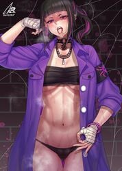 after_fellatio after_oral alternate_costume armband ass_visible_through_thighs black_hair black_panties breasts brick_wall cameltoe chain_necklace choker cleavage cum cum_in_mouth cum_on_tongue female gonster hand_wraps highres jacket jewelry juri_han looking_at_viewer multicolored_hair navel necklace no_pants official_alternate_costume open_mouth panties ponytail purple_hair purple_jacket sarashi silk solo spider_web spiked_choker spikes steaming_body stomach stray_pubic_hair street_fighter street_fighter_v sweat thigh_gap toned tongue tongue_out two-tone_hair underwear