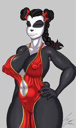 accessory anthro big_breasts black_body black_hair black_nose black_skin braided_ponytail breasts closed_eyes clothed clothing erect_nipples female g4rron giant_panda grey_background hair hair_accessory hand_on_hip mammal mostly_nude multicolored_body navel nipples pukky_(g4rron) red_clothing simple_background smile solo thick_thighs tight_clothing two_tone_body ursid voluptuous white_body wide_hips