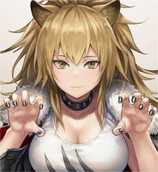 anbe_yoshirou animal_ears arknights big_breasts black_nail_polish black_nails blonde_hair female lion_ears lion_girl painted_nails siege_(arknights) tagme tank_top y_ambe