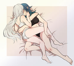 2girls arm_around_back ass back bed bed_sheet black_bra black_lingerie black_panties blue_hair bra breasts byleth_(fire_emblem) byleth_(fire_emblem)_(female) cleavage commentary_request edelgard_von_hresvelg feet fire_emblem fire_emblem:_three_houses hand_on_head hand_on_leg highres hug hugging kissing large_breasts lesbian_kiss lingerie long_hair medium_hair midriff multiple_girls navel nintendo on_bed panties ring riromomo thighs toes underwear wedding_ring white_bra white_hair white_lingerie white_panties wife_and_wife yuri