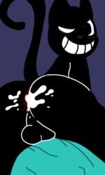 1boy anal_sex asshole backsack bedroom big_eyes big_smile black_eyes black_fur black_nose blue_sheets blush cartoon_cat cat_ears cat_humanoid cat_tail cum_in_ass huge_balls looking_back riskaver_(artist) trevor_henderson winking