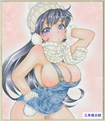 1girls beanie big_breasts bishoujo_senshi_sailor_moon black_hair blush breasts bursting_breasts busty cleavage clothing fashion female female_only hourglass_figure large_breasts long_hair overalls piglet811 pinup pinup_pose pose posing purple_eyes rei_hino scar sideboob skimpy skimpy_clothes solo tagme wide_hips