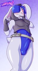 1boy 2021 2d 2d_(artwork) absurd_res anthro artist_name biffalo blush bulge erection_under_clothes femboy fingerless_gloves girly hair_over_one_eye hoodie leotard male male_only nervous ninja original rabbit shy skimpy_armor solo