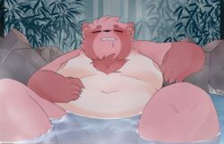 14:9 2020 anthro bathing bodily_fluids canid canine closed_eyes drooling hi_res humanoid_hands kemono l4zily male mammal moobs nipples outside overweight overweight_anthro overweight_male raccoon_dog saliva solo tanuki water