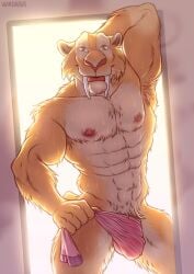 after_shower anthro big_bulge big_muscles blue_sky_studios bulge diego_(ice_age) door fangs felid fur hand_behind_head hi_res ice_age_(film) ice_age_(series) inside looking_at_viewer machairodontine male male_only mammal muscular muscular_anthro muscular_male nipples nude obliques pecs sabertooth_(anatomy) smile solo standing steam towel tuft wardraws water wet wet_body wet_fur