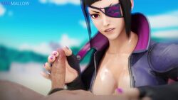 1boy 1girls 3d animated beach blowjob bodysuit capcom cfnm cock_worship eye_patch female foreskin handjob juri_han licking magmallow male medium_penis on_side oral penis pubic_hair purple_nails sound street_fighter street_fighter_v uncircumcised video