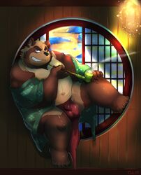 2021 anthro asian_clothing balls_outline brown_body brown_fur bulge canid canine clothing detailed_background east_asian_clothing fundoshi fur genital_outline hi_res japanese_clothing kemono male mammal overweight overweight_anthro overweight_male penis_outline raccoon_dog sitting solo tanuki tiri_mama underwear