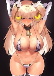 1girls 2021 animal_ears areola_slip areolae armpits arms_behind_head arms_up ass_visible_through_thighs belly_button bikini blonde_hair blush breasts choker cow_bikini cow_ears cow_horns cow_print cowbell dark-skinned_female dark_background dark_elf dark_elven_forest_ranger dark_elven_forest_ranger_(cowgirl_bikini) dark_skin elf embarrassed erect_nipples_under_bikini erect_nipples_under_clothes female female_focus female_only gloves hands_behind_head highleg_bikini horns hourglass_figure large_areolae large_breasts last_origin lilycious lipstick long_gloves long_hair looking_down micro_bikini nipples purple_eyes shiny_skin slim_waist submissive_female swimsuit tan-skinned_female tan_skin thick_thighs thigh_gap thighhighs thighs twintails wet wet_breasts wide_hips