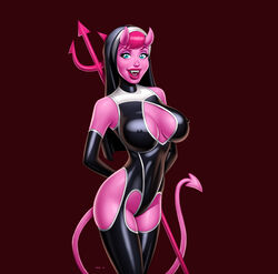 absurd_res blue_eyes devil_horns devil_tail drew_gardner highres large_breasts latex nipple_bulge pink_hair pink_skin pointy_nipples pokies simple_background succubus trident very_high_resolution