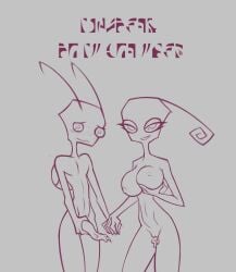 1boy 1girls alien antennae_(anatomy) bedroom_eyes big_breasts bisexual blush bodily_fluids both_sexes_in_same_situation breast_squish breasts cutlery duo exhibitionism female femboy genital_fluids genitals hand_holding hi_res holding_breast holding_penis invader_zim irken irken_text kitchen_utensils leaking_precum male male/female monochrome narrowed_eyes nervous_smile nickelodeon nude outtabellets penis precum propaganda slim spork squish tallest_miyuki tallest_spork tallestmiyyuki tools vaginal_fluids