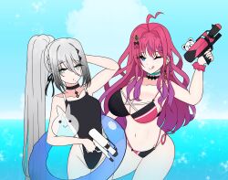 2girls absurdres ahoge beach bikini blue_eyes bow breasts collarbone competition_swimsuit esttea gradient_hair grey_eyes grey_hair hair_ornament hair_ribbon hairbow hairclip highres jewelry kuramochi_meruto large_breasts legs long_hair medium_breasts mole mole_under_eye mole_under_mouth multicolored_hair multiple_girls navel necklace nijisanji one-piece_swimsuit pink_hair ponytail red_hair ribbon sky sophia_valentine summer swimsuit tongue tongue_out virtual_youtuber water water_gun