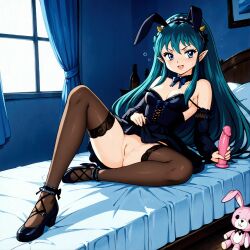 ai_generated black_stockings blue_eyes bunny_ears corset dildo_in_hand generated_by_nanek green_hair horns lolita_fashion lum lying_on_bed on_bed pointy_ears seaart.ai shoes showing_pussy spread_legs urusei_yatsura