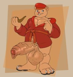 anthro balls barefoot bathrobe bear big_balls big_penis claws clothed clothing digital_media_(artwork) erection feet fur genitals happy_tree_friends hat headgear headwear hi_res huge_balls huge_cock huge_penis hyper hyper_balls hyper_genitalia hyper_penis large_penis male male_only mammal mondo_media muscular overweight penile penis pipe pop_(htf) robe robe_grab rokie38 simple_background smile solo testicles_clench vein veiny_penis