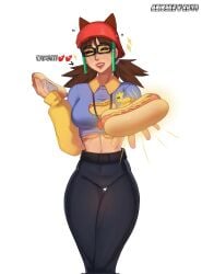 1girls abioske aubrey_(fortnite) brown_hair cute cute_face fortnite fortnite:_battle_royale fully_clothed goggles helmet hot_dog light-skinned_female offering_food shirt solo solo_female thick_thighs thin thin_waist tight_pants twintails