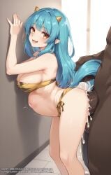 1girls ai_generated belly_bulge cum cute horse horse_penis horsecock inflation lum orgasm rengoart tongue_out urusei_yatsura