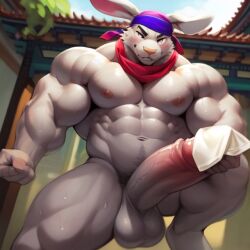 ai_generated anthro balls bara brutal_paws_of_fury frosting.ai gay kung-fu_bunny muscular muscular_male penis rabbit sugar1989 sweat