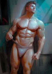 1boy abs bara biceps big_bulge bulge male male_nipples male_only manly muscular_male nipples pecs penis_outline qai_san underwear