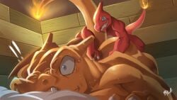 ! !! 2boys anal ass bed blue_eyes bna_v5 charizard charmeleon doggy_style dragon dragon_tail dragon_wings gen_1_pokemon grabbing_from_behind highres lying male_penetrated monster_boy multiple_boys nintendo on_bed pokemon sex sex_from_behind size_difference surprised tail top-down_bottom-up wings yaoi