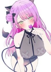 1girls animal_ears bandaid bandaids_on_nipples bare_shoulders black_bow black_ribbon blush bow breasts cat_ears collarbone cowboy_shot crossed_bandaids demon_tail ear_piercing earrings extra_ears female female_only green_eyes hair_bun hairbow highres holoforce hololive hololive_japan jewelry kemonomimi_mode light-skinned_female light_skin lingerie long_hair looking_at_viewer moo_(umineko) official_alternate_hairstyle pasties paw_pose piercing pink_hair purple_hair ribbon see-through_clothes simple_background solo tail tokoyami_towa underwear virtual_youtuber white_background