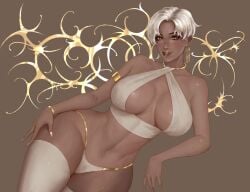 belly belly_button big_breasts big_thighs breasts breasts_bigger_than_head breasts_out dark-skinned_female dark_skin female female_focus female_human female_only gold_(metal) gold_jewelry hip_focus hips human kali_(asura) kiton oc original original_character solo solo_female solo_focus stockings topwear tummy white_hair yellow_eyes