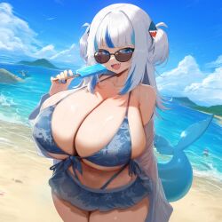 ai_generated alternate_breast_size ameanon beach big_breasts bikini bikini_skirt blue_bikini breasts cleavage gawr_gura hololive hololive_english hololive_myth huge_breasts large_breasts popsicle shark_girl shark_tail sharp_teeth sideboob sunglasses thick_thighs underboob virtual_youtuber vtuber