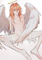 angel angel_devil_(chainsaw_man) angel_wings artist_request chainsaw_man covering_crotch femboy halo male pale_skin penguin_jun sitting solo solo_male source_request spread_legs tagme thighhighs wings