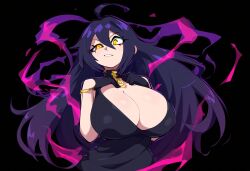 ahoge ai_generated black_dress black_hair dress female gold_jewelry huge_breasts mullon novelai original original_character sorceress sorceress_sophia top_heavy yellow_eyes