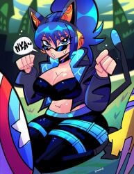 big_breasts blue_eyes blue_hair captain_america's_shield cat_ears cat_tail catgirl cropped_jacket fortnite fortnite:_battle_royale headphones heroic_hope_(fortnite) hope_(fortnite) jonesy_(fortnite) looking_at_viewer looking_over_eyewear looking_over_sunglasses marvel marvel_comics open_mouth peely ponytail seductive_pose sunglasses sunglasses_on_face thick_thighs tinted_eyewear