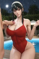 1boy 1girls 3d ai_generated big_breasts big_penis black_hair breasts cum cumshot ejaculation female handjob male penis radnsad semen sperm spy_x_family swimsuit yor_briar yor_forger