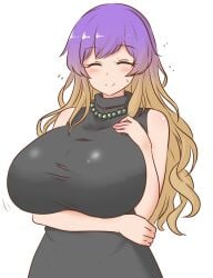 1girls big_breasts black_dress breasts closed_eyes clothed_female hijiri_byakuren light-skinned_female long_hair mature_female mizusoba multicolored_hair purple_hair smile solo solo_female touhou white_background yellow_hair