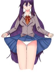 1female 1girls 5_fingers blue_skirt breasts doki_doki_literature_club female_focus lifted_by_self lifted_skirt lifting lifting_own_skirt lifting_skirt long_hair panties purple_eyes purple_hair skirt skirt_lift skirt_lifted_by_self thigh_gap thighs white_panties yuri_(doki_doki_literature_club)