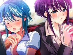 blue_hair blush chikan chikan_senyou_sharyou cum cum_on_clothes cum_on_hair facial frill game_cg kirishima_tsubaki koizumi_amane purple_hair tongue tongue_out train train_interior tsukishima_kei