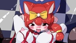 2girls animal_ears female_pov licking_pussy nipples nyanyamo_daowa pale_skin pov pubic_hair red_eyes red_hair ribbon saliva saliva_trail smile_dk_(towelket) sofa tongue_out towelket_one_more_time yuri