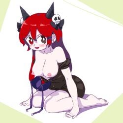 bra breasts collarbone demon_horns earrings feet female_only heterochromia long_hair nipples nyanyamo_daowa on_knees pale_skin partially_clothed red_hair sisofu towelket_one_more_time