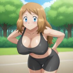 ai_generated big_breasts bike_shorts blue_eyes blush busty cameltoe cleavage covered_nipples creatures_(company) crop_top curvy facing_viewer female female_only game_freak gym_uniform hands_on_hips hi_res highres huge_breasts midriff navel nintendo outdoors perky_breasts pokemon pokemon_(game) pokemon_trainer pokemon_xy pony_diffusion_xl seraphim_ai serena_(pokemon) smile solo spandex spandex_shorts sports_bra stable_diffusion trees