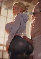 annie_leonhardt ass_focus attack_on_titan before_sex big_cock blonde_hair blue_eyes cropped_hoodie cropped_jacket english_text fat_ass hoodie jacket light-skinned_female light-skinned_male light_skin pawg penis_on_ass penis_out shexyo shingeki_no_kyojin steam steaming_body text white_hoodie white_jacket