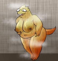 2024 alphys anthro big_breasts bodily_fluids breasts eyewear female genitals glasses hanging_breasts nude overweight overweight_female oxkingky pussy reptile scales scalie solo sweat undertale_(series) yellow_body yellow_scales