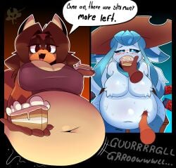 2girls bbw belly_inflation big_breasts breasts chubby cleavage eeveelution fat feederism female furry glaceon huge_breasts lhacedor obese pokemon pokemon_(species) thick_thighs weight_gain wide_hips