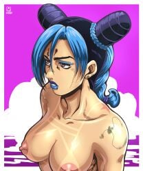 1girls alternate_color alternate_version_available anime_style background beach blue_hair blue_lipstick bored bored_expression cloud female hair_ribbon joestar_birthmark jojo's_bizarre_adventure jolyne_kujo lips lipstick makeup multicolored_hair muscular new_epic_artist nipples nude nude_female one_color_background pale-skinned_female pale_skin pink_nipples ponytail reflective_body shiny_skin stone_ocean tanned tanned_female tanned_skin toned toned_female topless