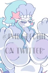 absurd_res against_surface anthro aquamarine_(imboredhh) areola big_breasts blue_hair breast_squish breasts female fin generation_7_pokemon hair hi_res imboredhh multicolored_eyes nintendo pokemon pokemon_(species) primarina solo squish star watermark white_body