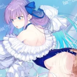 1boy ass bare_shoulders blue_eyes blue_ribbon blush breasts choker coffeekite fate/grand_order fate_(series) female frills hair_ribbon highleg highleg_one-piece_swimsuit highres long_hair long_sleeves meltryllis_(fate) meltryllis_(swimsuit_lancer)_(fate) meltryllis_(swimsuit_lancer)_(second_ascension)_(fate) off-shoulder_one-piece_swimsuit off_shoulder one-piece_swimsuit open_mouth penis puffy_sleeves purple_hair ribbon sex sex_from_behind sleeves_past_fingers sleeves_past_wrists small_breasts straight swimsuit very_long_hair white_ribbon