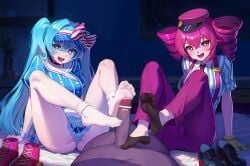 1boy 2girls aqua_eyes aqua_hair black_jelly censored censored_penis dark-skinned_male dark_skin dorsiflexion drill_hair feet feet_visible_through_clothing ffm_threesome flexible_toes footjob gloves hat hatsune_miku highres holding_with_feet kasane_teto knees_up legs light-skinned_female light_skin long_hair male_pov mesmerizer_(vocaloid) mesmerizer_miku mesmerizer_teto multiple_girls no_shoes open_mouth penis pov red_eyes red_hair red_hat red_trim shoes_removed socks soles soles_of_feet_in_socks threesome toes toes_visible_through_clothing twin_drills twintails two-footed_footjob very_long_hair vocaloid yellow_gloves