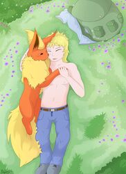 backpack blackfury clothes color eeveelution female flareon human interspecies lying male nintendo nude on_back on_side outdoors pokemon pokemon_(species) realistic_animal size_difference tagme topless