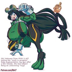 2019 2girls ass big_ass big_breasts bodysuit breasts color english_text female female_only green_eyes hero_outfit_(mha) huge_breasts large_breasts long_hair mei_hatsume multiple_girls my_hero_academia n647 nipple_bulge request simple_background taller_female text tsuyu_asui voluptuous white_background wide_hips