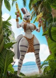 3d_(artwork) abs absurd_res anklet anthro anthrofied bangle beach big_breasts blender_(artwork) blue_eyes bottomwear breasts clothing digital_media_(artwork) ear_piercing ear_ring equid equine female flip_flops footwear forest friendship_is_magic hasbro hi_res hooves-art huge_breasts huge_thighs jewelry jungle loincloth mammal my_little_pony navel neck_ring piercing plant ring_piercing sandals shoes solo thick_thighs toy toy_gun tree water_gun wide_hips zebra zecora_(mlp)