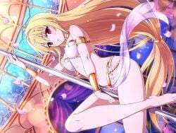 arabian_clothes armlet ass_visible_through_thighs bare_arms bare_belly bare_legs bare_shoulders bare_thighs barefoot belly_button blonde_hair blush body_blush bra bracelet breasts choker circlet crossover dancing falling_petals feet holding_pole jewelry konjiki_no_yami long_hair official_art open_mouth panties pelvic_curtain red_eyes senran_kagura_new_link shiny_skin small_breasts thighs to_love-ru toes underwear white_bra white_panties yaegashi_nan