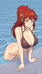 1girls bikini breasts carderroy green_eyes ponytail pool poolside pyrrha_nikos red_hair redhead redhead_female rooster_teeth rwby sultry_eyes